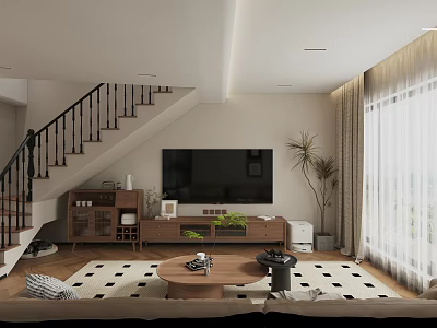 Cozy Modern Living And Dining Room With Natural Wood Furniture And Large Window Sheer Curtains 3d model