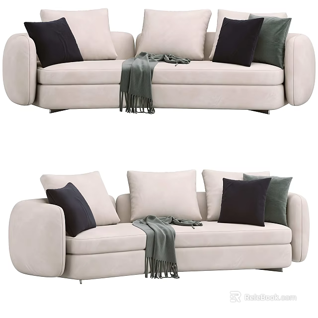 Modern Beige Sectional Sofa With Dark Cushions And Gray Throw Blanket 3d model