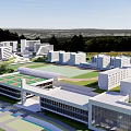 Modern School Building With White Exterior Green Lawn Track Field And Trees
