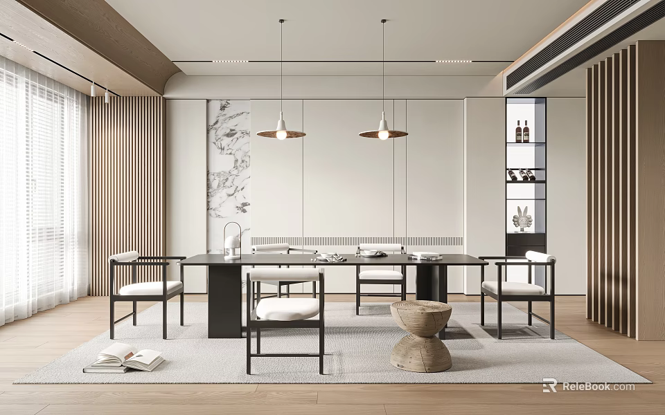 Modern Restaurant Interior Design With Dining Table Chairs Pendant Lights And Wall Art Rug 3d model 