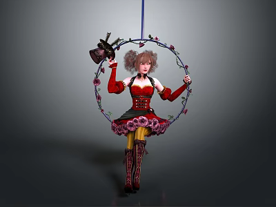 Fantasy Character And Creature With Curly Hair Red Black Outfit And Flower Wreath Hoop 3d model