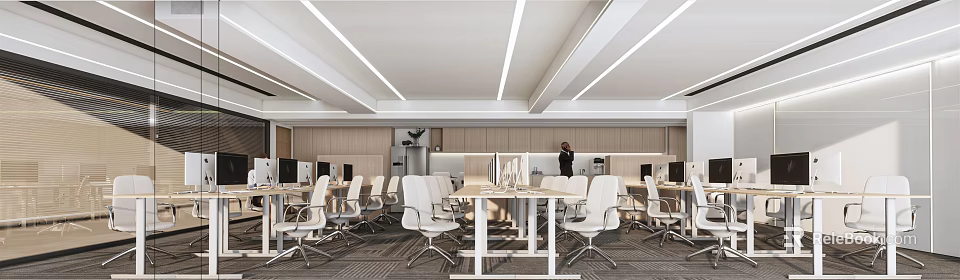Modern Public Office Space Interior Design With Long Tables White Chairs And Linear Ceiling Lights 3d model