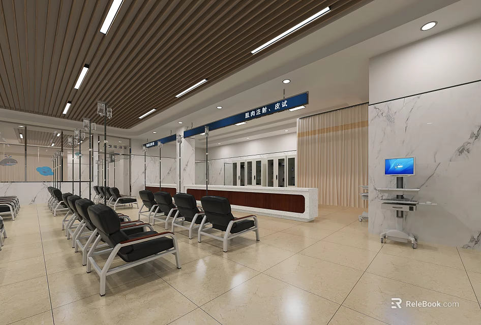 Spacious Waiting Area With Black Chairs Reception Desk Wooden Ceiling Light Strips And Glass Partitions 3d model 