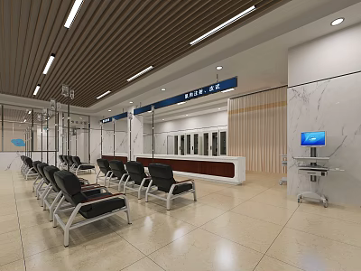 Spacious Waiting Area With Black Chairs Reception Desk Wooden Ceiling Light Strips And Glass Partitions 3d model