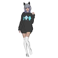 Woman with purple hair cat ears headphones in black argyle sweater and white thigh-high socks