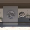 Textured Wall With Circular Decor Illuminated Artwork Green Plants And Wooden Ceiling In Modern Interior