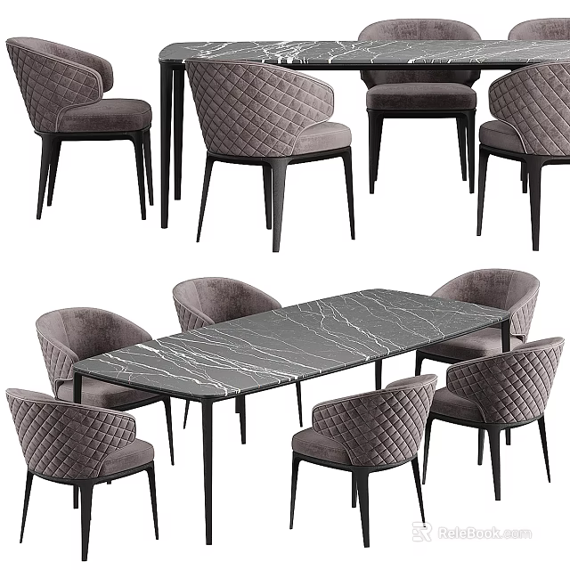 Modern Dining Table Set With Marble Top Gray Quilted Back Chairs And Black Legs 3d model 