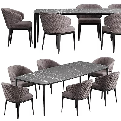 Modern Dining Table Set With Marble Top Gray Quilted Back Chairs And Black Legs 3d model