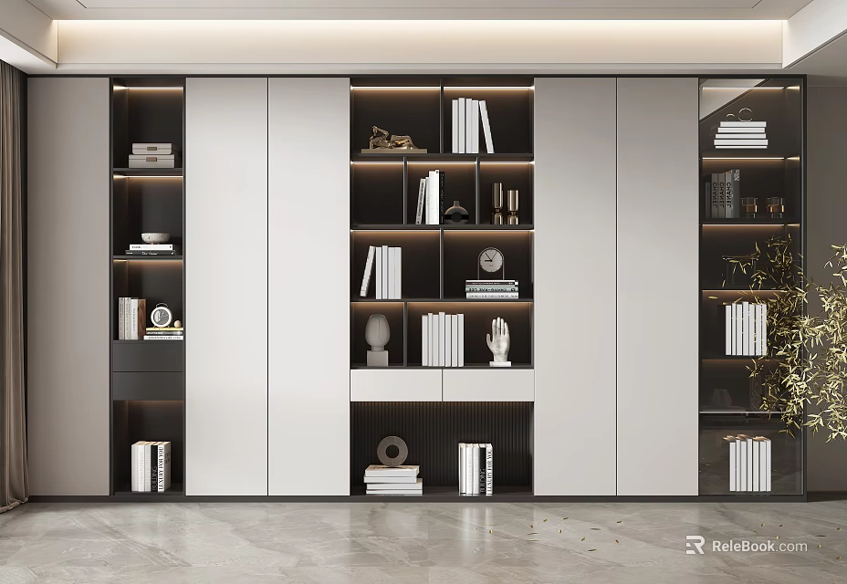 Modern Bookcase Design With Shelves Books Decorative Sculptures And Storage Compartments 3d model 
