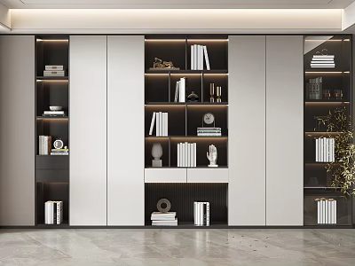 Modern Bookcase Design With Shelves Books Decorative Sculptures And Storage Compartments 3d model