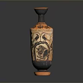 Ancient Greek Vase Sculpture with Intricate Carved Figures and Decorative Patterns in Orange and Black