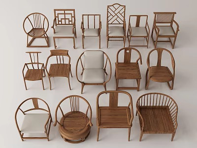 Various Designed Wooden Leisure Chairs With Different Backrests And Upholstered Seats 3d model