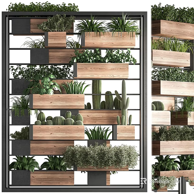 Layered Vertical Garden Decor With Wooden Planters And Mixed Green Succulents 3d model 