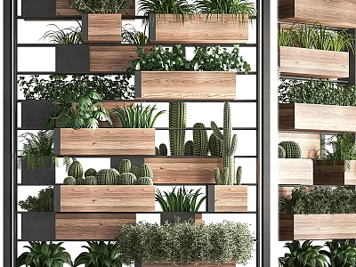 Layered Vertical Garden Decor With Wooden Planters And Mixed Green Succulents 3d model