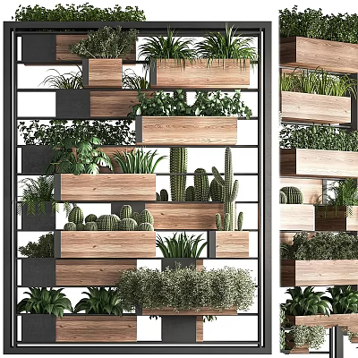 Layered Vertical Garden Decor With Wooden Planters And Mixed Green Succulents 3d model
