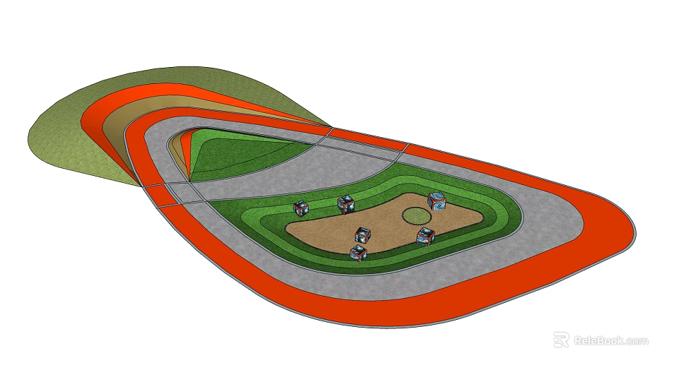 Sports Field Layout Design With Orange Boundary Gray Track And Green Grass Area 3d model 