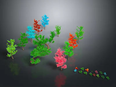 Colorful 3D Tree Models With Green Blue Red Pink And Small Plants On Gray Background 3d model