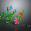 Colorful 3D Tree Models With Green Blue Red Pink And Small Plants On Gray Background
