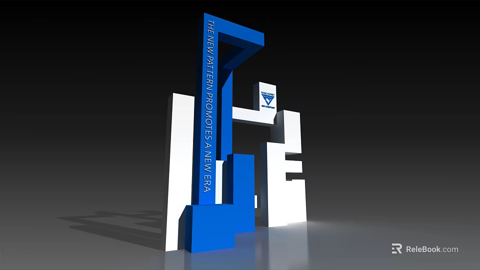 Modern Blue White Sculptural Signage Design With Geometric Structural Elements 3d model