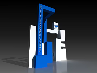 Modern Blue White Sculptural Signage Design With Geometric Structural Elements 3d model