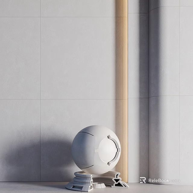 Minimalist Component with White Spherical Object and Wooden Column Against Gray Wall 3d model 