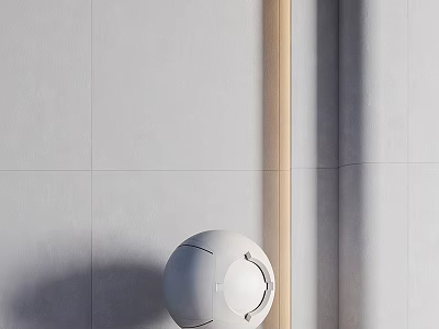 Minimalist Component with White Spherical Object and Wooden Column Against Gray Wall 3d model