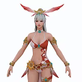 Game Movie Character In Red And White Outfit With Feathered Headdress Golden Accessories And Jewelry