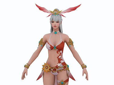 Game Movie Character In Red And White Outfit With Feathered Headdress Golden Accessories And Jewelry 3d model