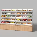 Multi layer Display Shelf With Wooden Base And Colorful Packaged Snacks 3d model