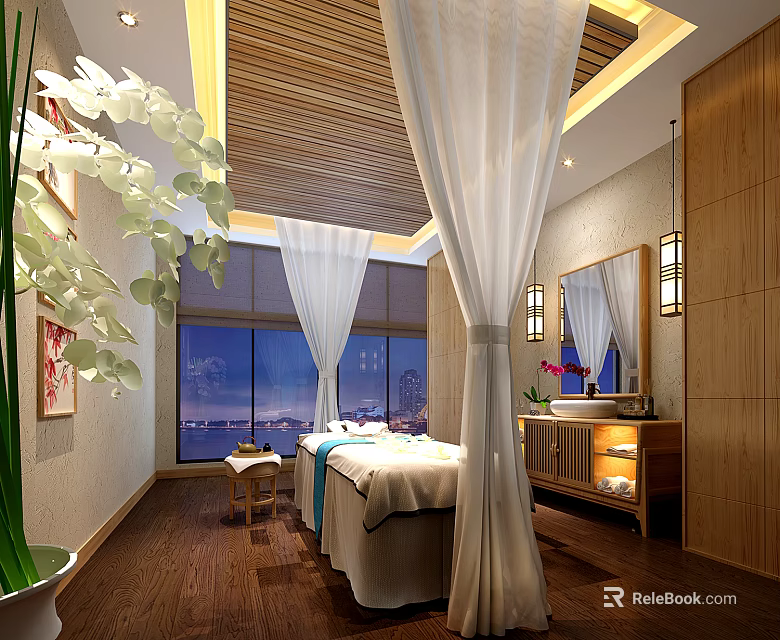 Luxurious SPA Sauna Interior With Wooden Ceiling White Curtains Massage Bed And City View 3d model 
