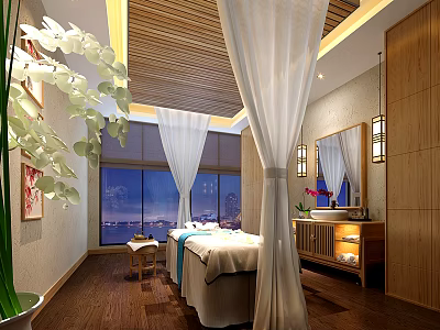 Luxurious SPA Sauna Interior With Wooden Ceiling White Curtains Massage Bed And City View 3d model