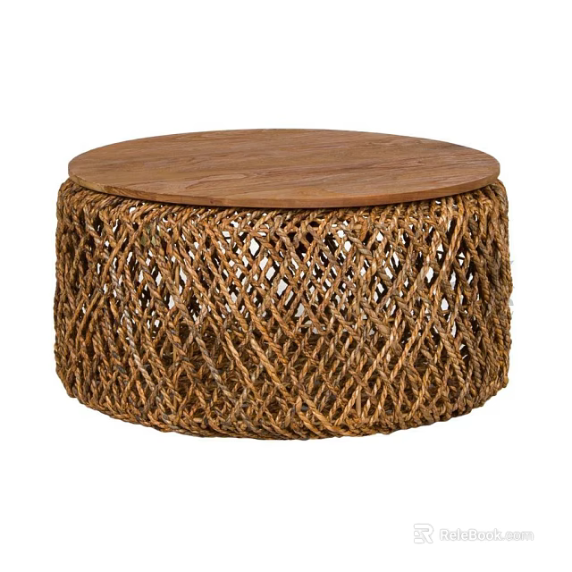 Natural Rustic Round Coffee Table With Wooden Top And Woven Base 3d model 
