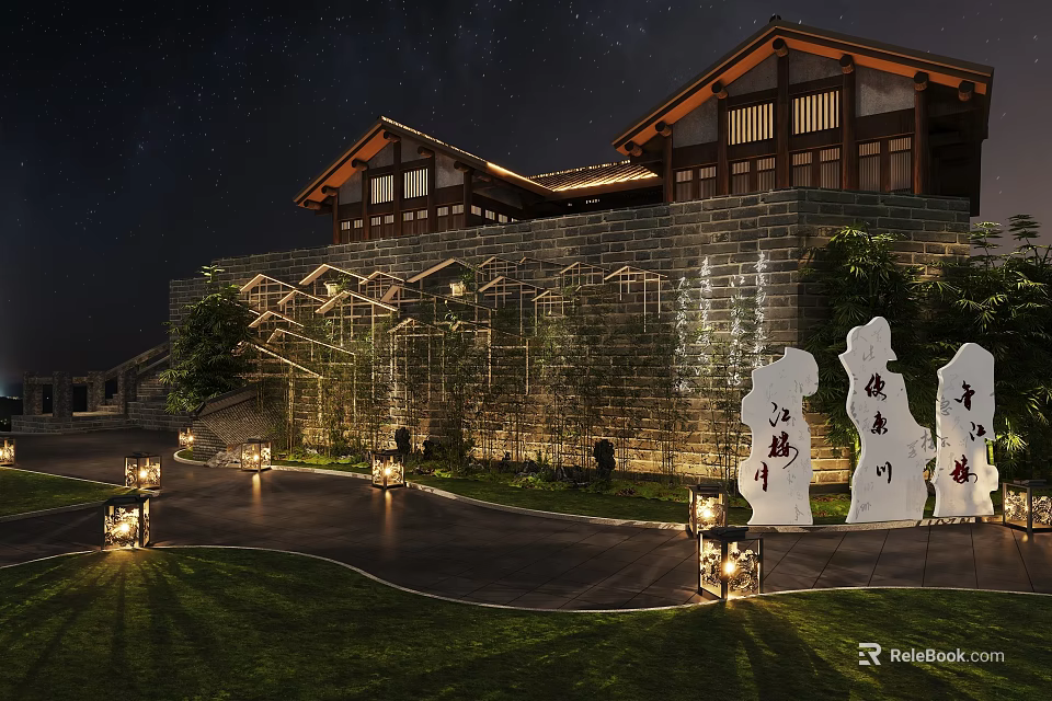 Starry Night View of Traditional Garden With Chinese Architecture Brick Walls Pathway Lawn and Lanterns 3d model 