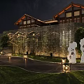 Starry Night View of Traditional Garden With Chinese Architecture Brick Walls Pathway Lawn and Lanterns