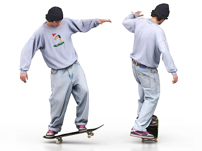 Man Skateboarding In Light Blue Sweatshirt And Blue Jeans With Black Beanie 3d model
