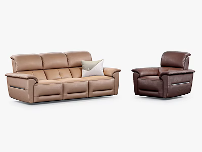 Modern Light Brown Leather Three Seater Sofa With Dark Brown Armchair And Light Pillow 3d model
