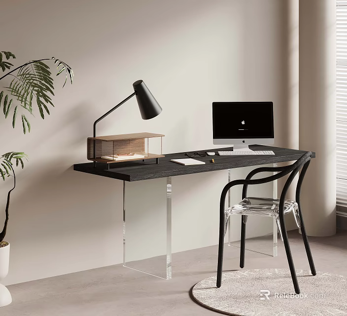 Minimalist Home Office Workspace With Transparent Chair Computer Desk Lamp And Plant 3d model 