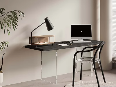 Minimalist Home Office Workspace With Transparent Chair Computer Desk Lamp And Plant 3d model