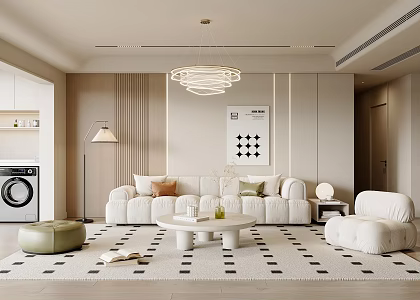 Modern Living Room Multi-person Sofa Single-person Sofa Floor Lamp Chandelier Hanging Painting Green Plant 3d model