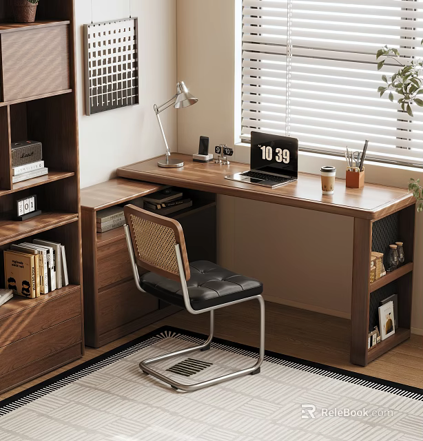 Modern Wooden Desk Setup With Bookshelf Chair Lamp Laptop And Coffee Cup 3d model 