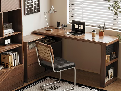Modern Wooden Desk Setup With Bookshelf Chair Lamp Laptop And Coffee Cup 3d model
