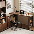 Modern Wooden Desk Setup With Bookshelf Chair Lamp Laptop And Coffee Cup