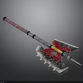 Decorative Battle Weapon With Serrated Axe Blade Red Yellow Accents And Spear Tip