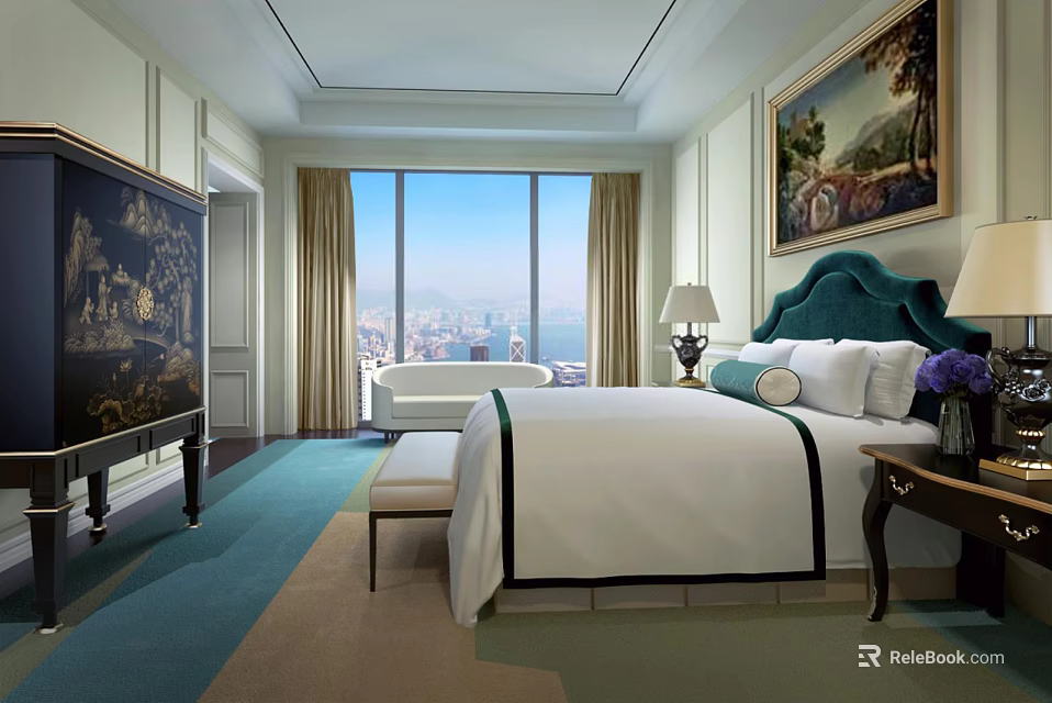 Elegant Double Bed with Teal Headboard and City View Through Large Windows 3d model 