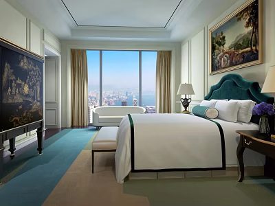 Elegant Double Bed with Teal Headboard and City View Through Large Windows 3d model