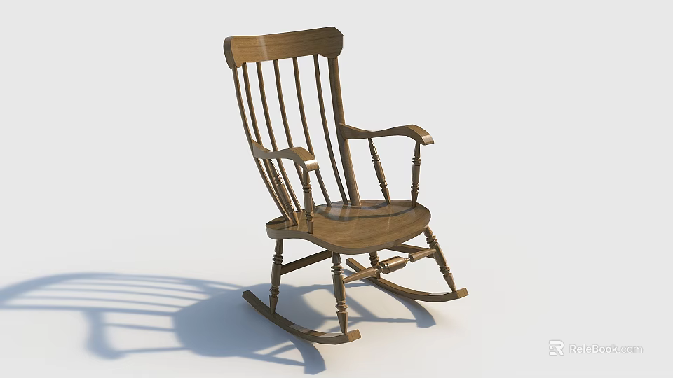Elegant Wooden Rocking Chair With Slatted Back Armrests And Solid Wood Finish 3d model 