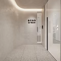 Modern Office Open Space Interior With Marble Counter Wooden Elements Hanging Lights And Bookshelves