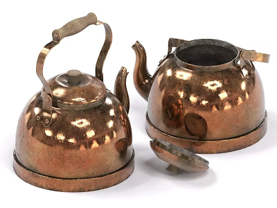 Vintage Copper Tea Set With Two Teapots And Removable Lid 3d model