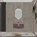 Pink Wall Mounted Washbasin Vanity With White Framed Octagonal Mirror And Beige Textured Wall