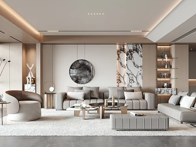 Modern Living Room Interior Design With Grey Sofa Round Wall Decor Coffee Table And Area Rug 3d model